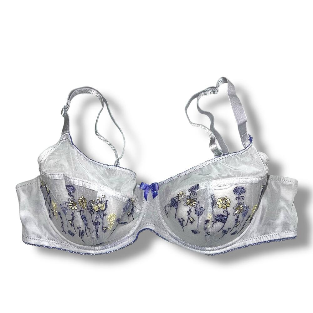 Adore Me Womens Balconette Bra Embroidered Floral Print Blue Lightly Lined 38DD